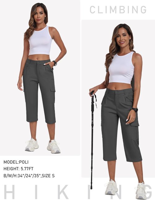 MoFiz Women's Cargo Capris - Lightweight Cotton Hiking Pants with 6 Pockets | Summer Travel Essentials