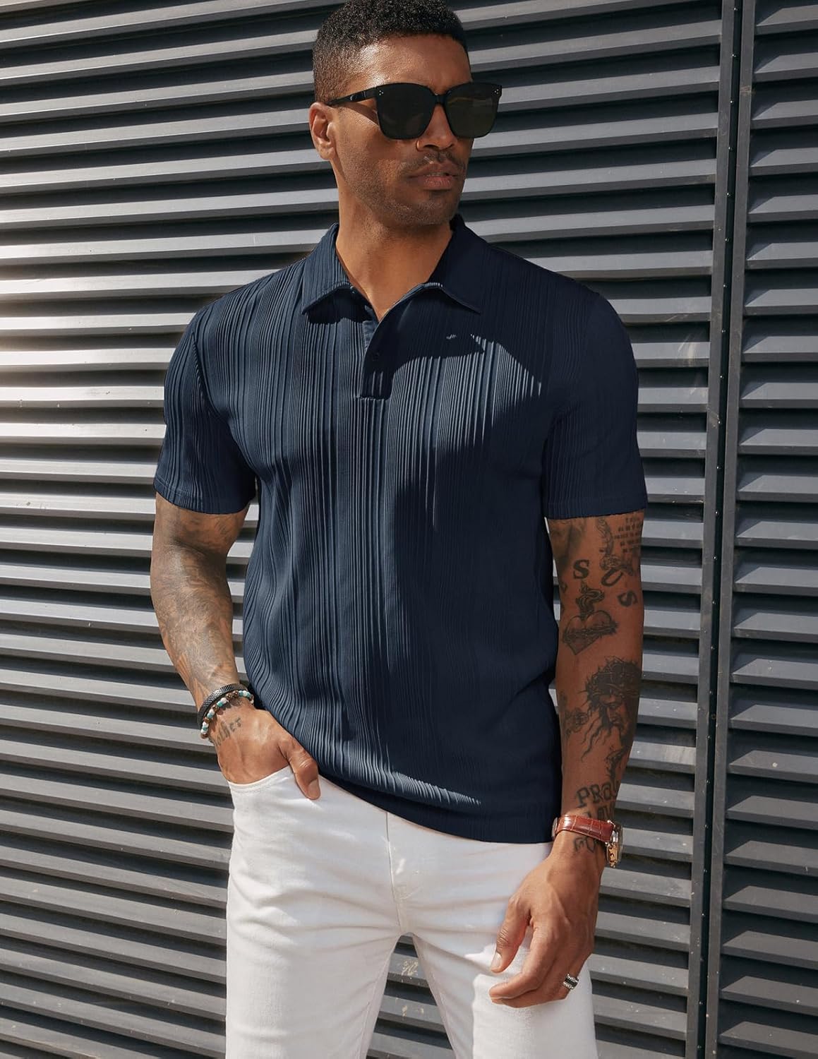 PJ Paul Jones Men's Textured Knit Polo Shirt - Regular Fit Stretchy Golf Top | Versatile Style