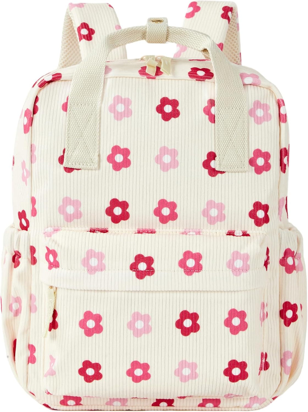 Skiennix Mini Corduroy Toddler Backpack - Lightweight Floral Beige Bookbag for Preschool Kids 13" H