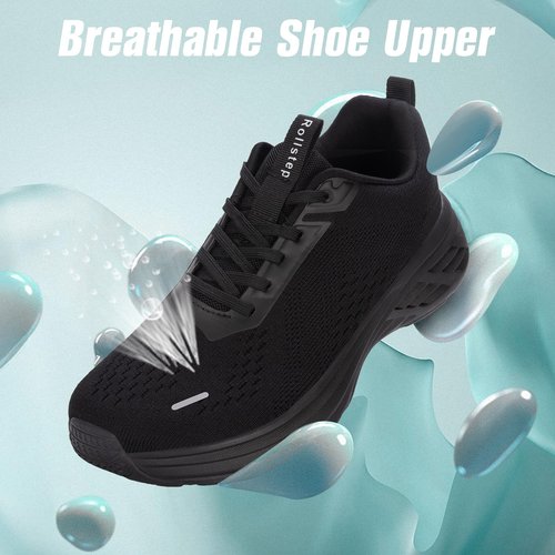 Rollstep Wide Toe Box Shoes Women Sneakers Extra Wide Width Arch Support Non-Slip Tennis Athletic Ultralight Running Shoes for Women Walking Diabetic Plantar Fasciitis Footwear All Black 40
