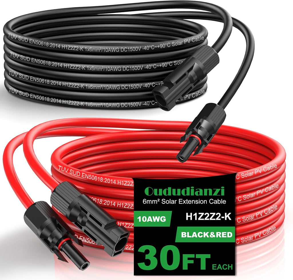 Oududianzi Solar Extension Cable - 30Ft 10AWG Tinned Copper PV Wire with Waterproof Connectors for Solar Systems