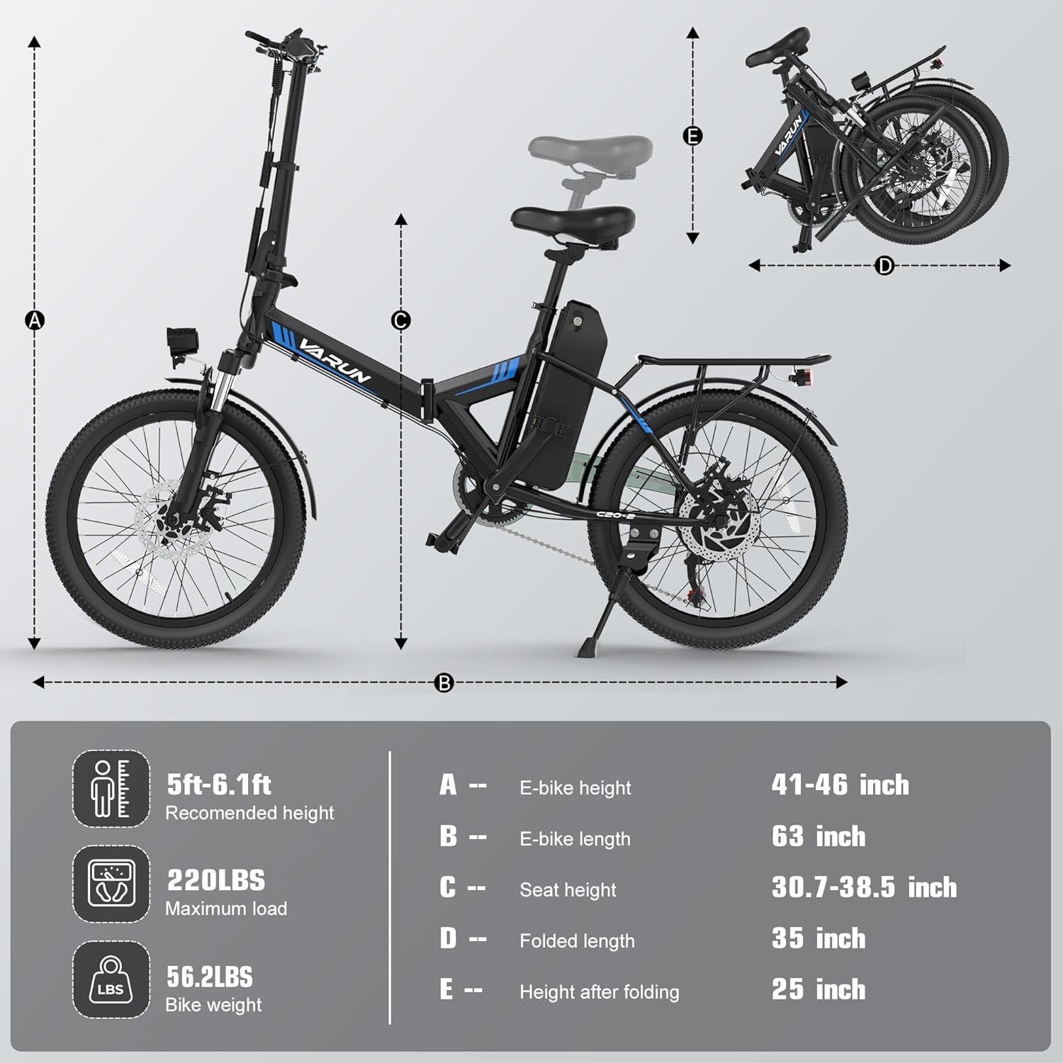 VARUN Electric Bike - 500W Folding Ebike with 36V Removable Lithium Battery | 20" Compact Commuter E-Bike for Adults