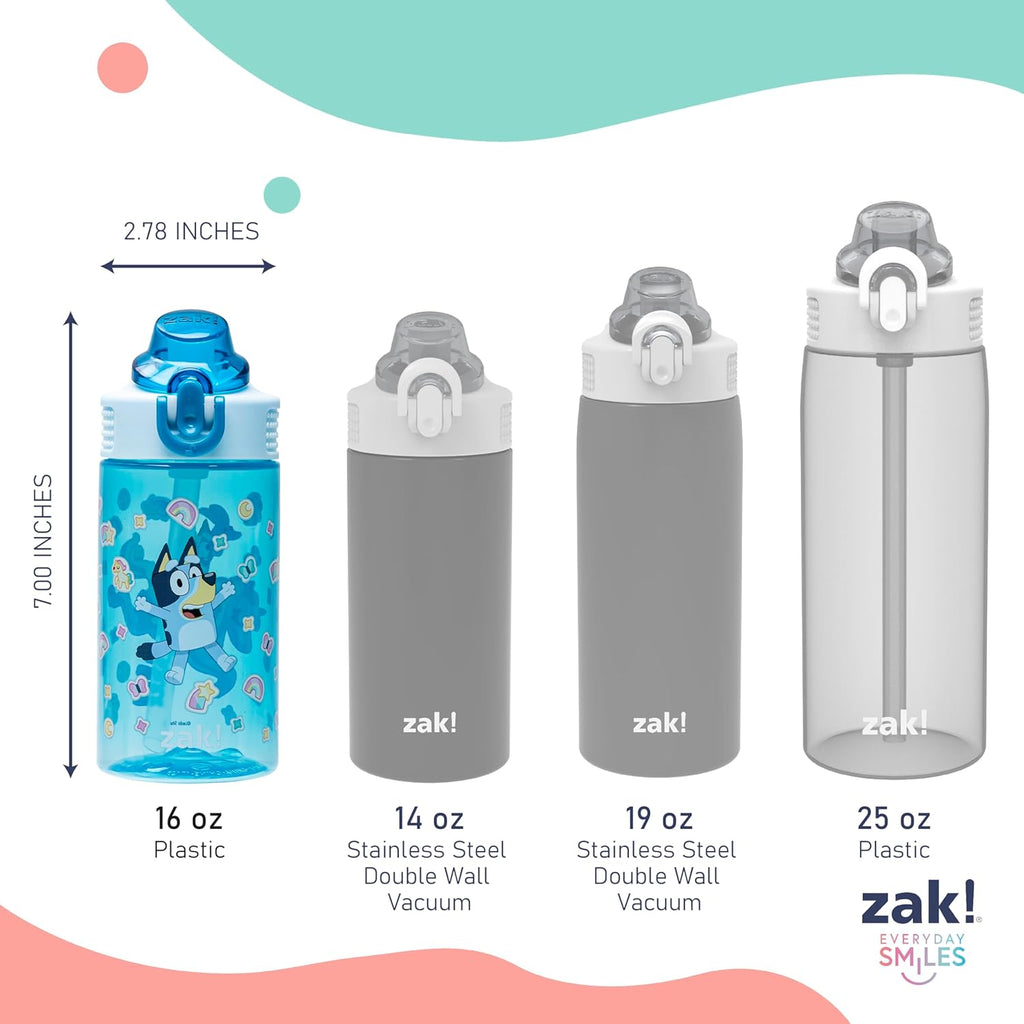 Zak Designs Bluey Sage Kids Water Bottle - Durable 16oz Plastic with Straw & Leak-Proof Cover | 2-Pack Set