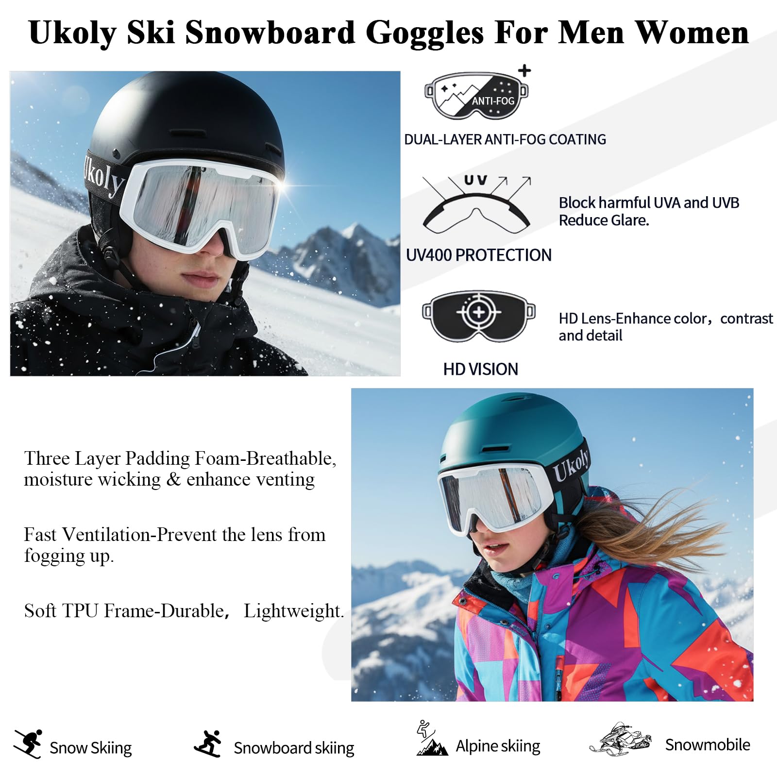Ukoly Ski/Snowboard Goggles for Men Women, Snow Goggles HD Lens Anti-Fog Coating OTG Design UV400 Protection Windproof (White Frame Silver HD Lens)