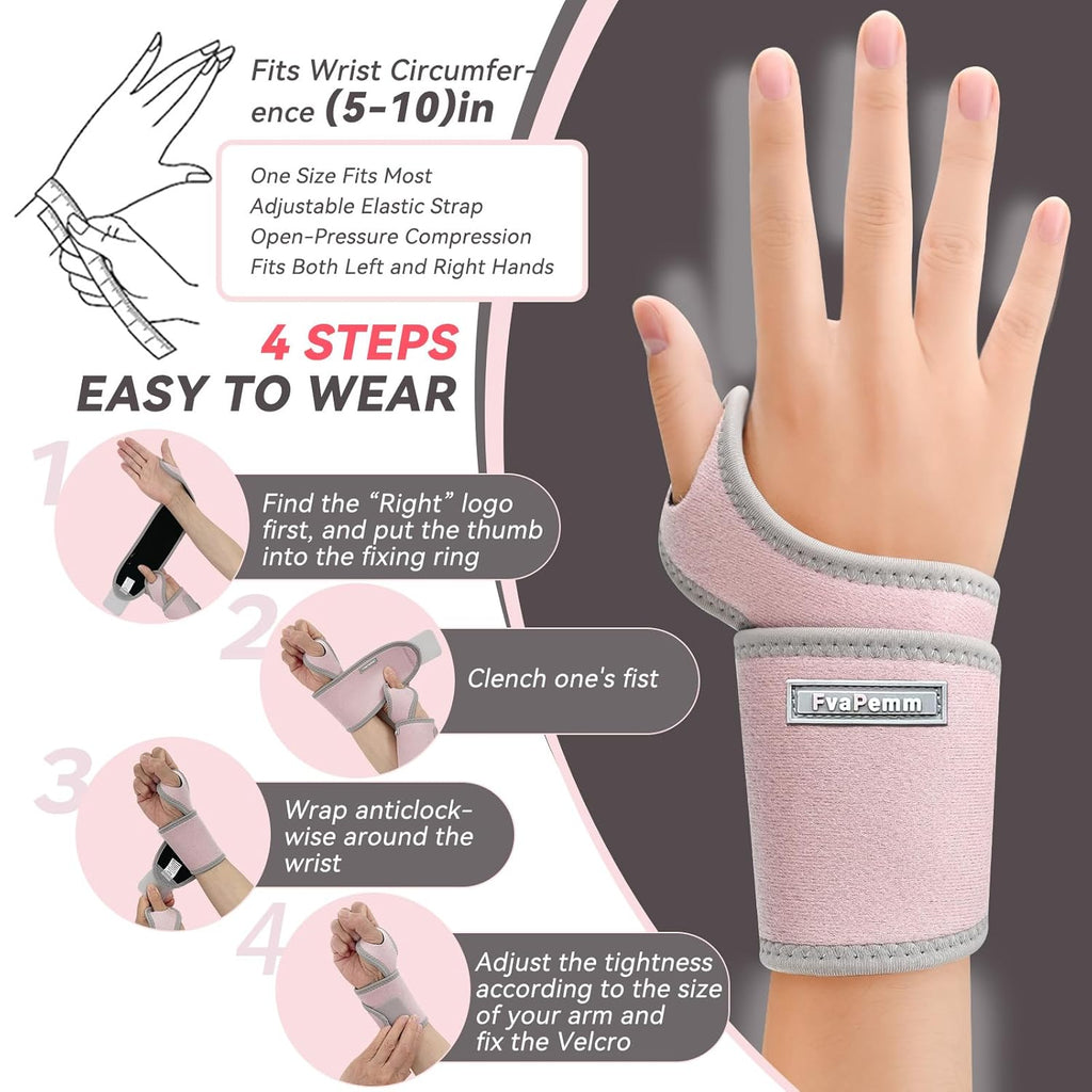 Skiennix Carpal Tunnel Wrist Brace - Adjustable Support Wraps for Tendonitis & Arthritis | 2-Pack, Pink