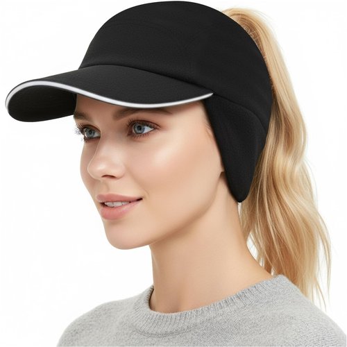 AYAMAYA Winter Running Hats for Women, Reflective Fleece Ponytail Hat with Drop Down Ear Flap for Running Hiking Black