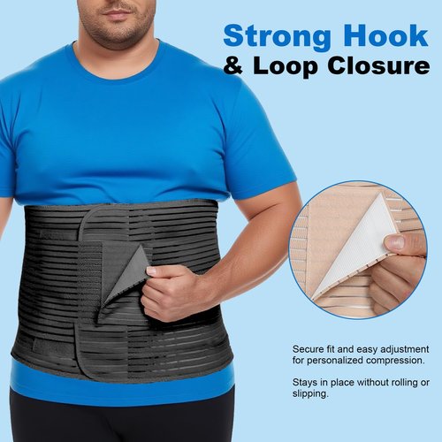 Gepoetry Abdominal Binder, 12-Inch Wide Elastic Belly Wrap for Plus Size Men and Women, Abdominal Binder Post-Surgery Stomach Compression Garment for Hernia Surgery, Natural Birth(Black,XXL)