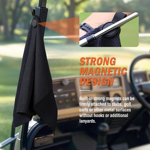 MINGLITAI Magnetic Golf Towel, 23.6"x15.7" Golf Cleaning Towel, Premium Ultra-Absorbent Microfiber Golf Towel for Golf Bags, Carts and Clubs, Waffle Weave Pattern (Black, Large - 2 Pack)