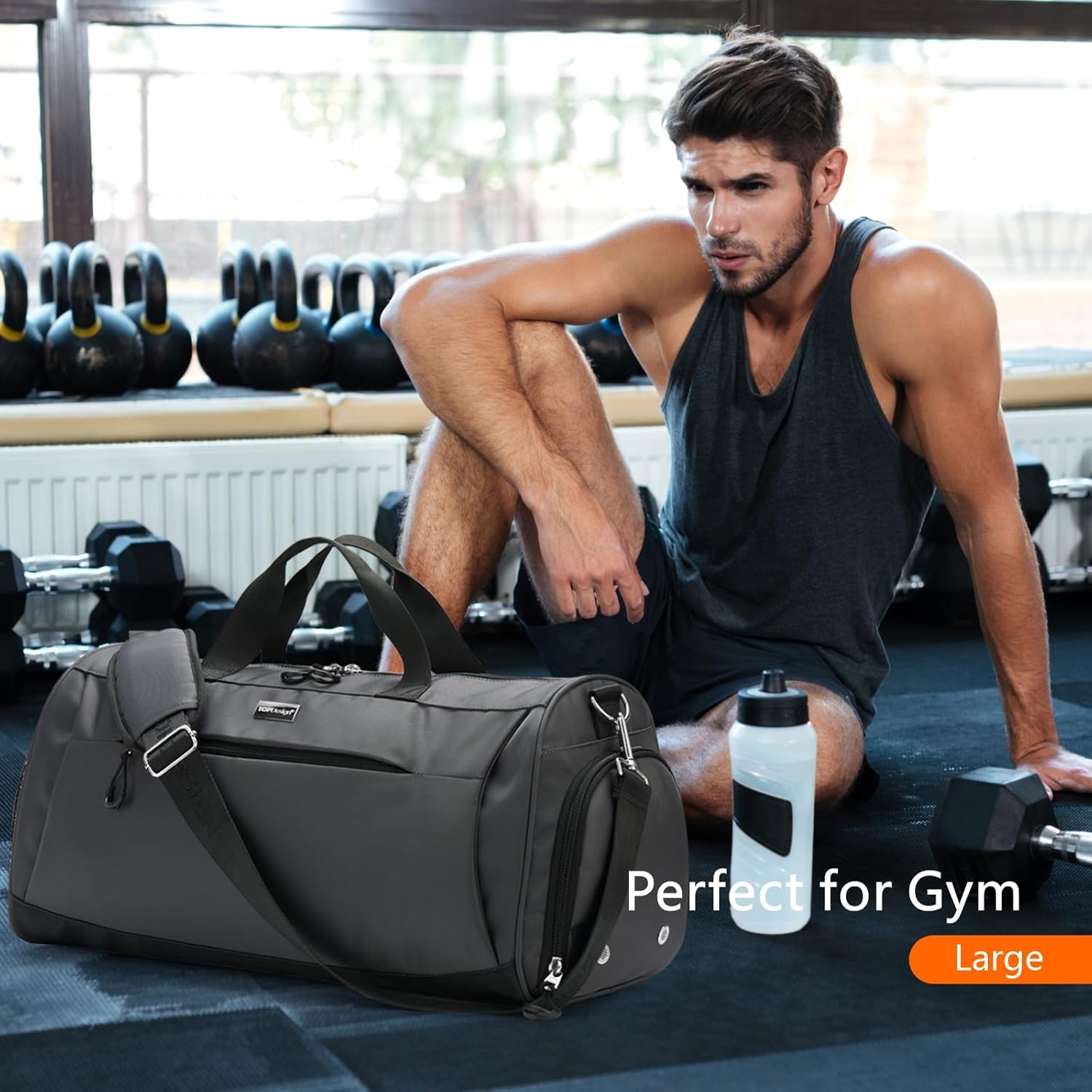 TOPDesign Gym Bag - Unisex Duffel with Shoe Compartment & Wet Pocket for Travel | Large Grey