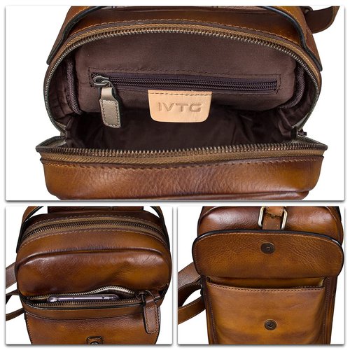 IVTG Genuine Leather Sling Bag Chest Shoulder Fanny Bag Hiking Backpack Vintage Handmade Crossbody Daypack (Brown)