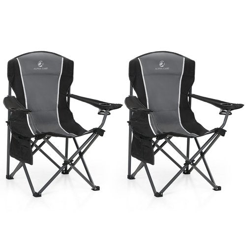 ALPHA CAMP Oversized Camping Folding Chair Heavy Duty Steel Frame Support 350 LBS Collapsible Padded Arm Chair with Cup Holder Quad Lumbar Back Chair Portable for Outdoor/Indoor (Black grey-2PC)