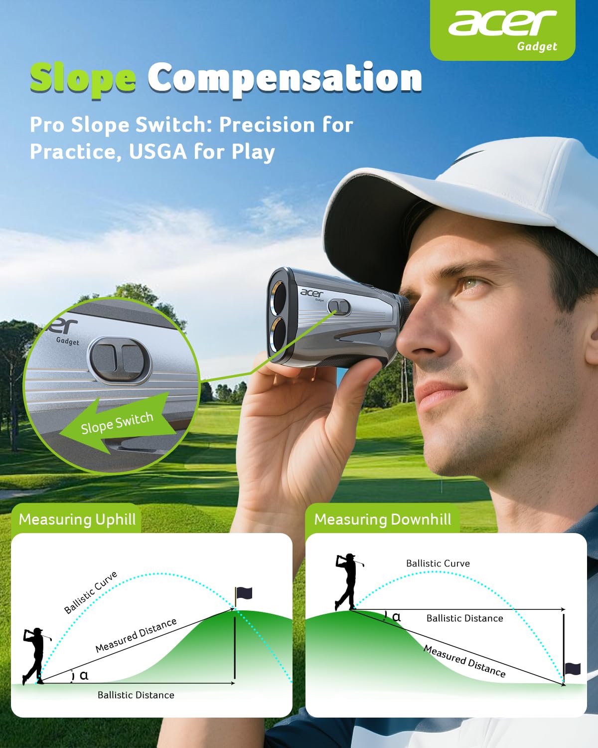 Acer Golf Rangefinder with Slope - 1200 Yards Laser Range Finder for Hunting, 6X Magnification Rangefinders Golf with Flag Pole Locking Vibration, Rechargeable Magnetic Golfing Gift for Men