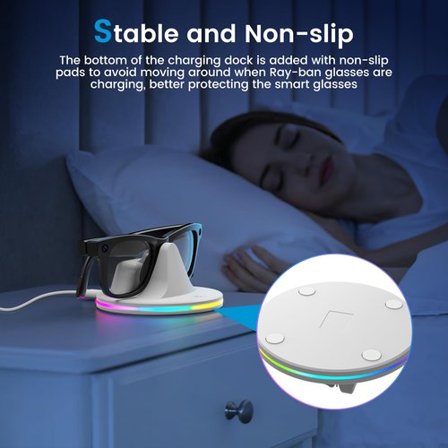Charging Dock for Ray-Ban Meta Smart Glasses with RGB Light, Portable 3-in-1 Station & USB-C Cable for Wayfarer, Headliner, Skyler