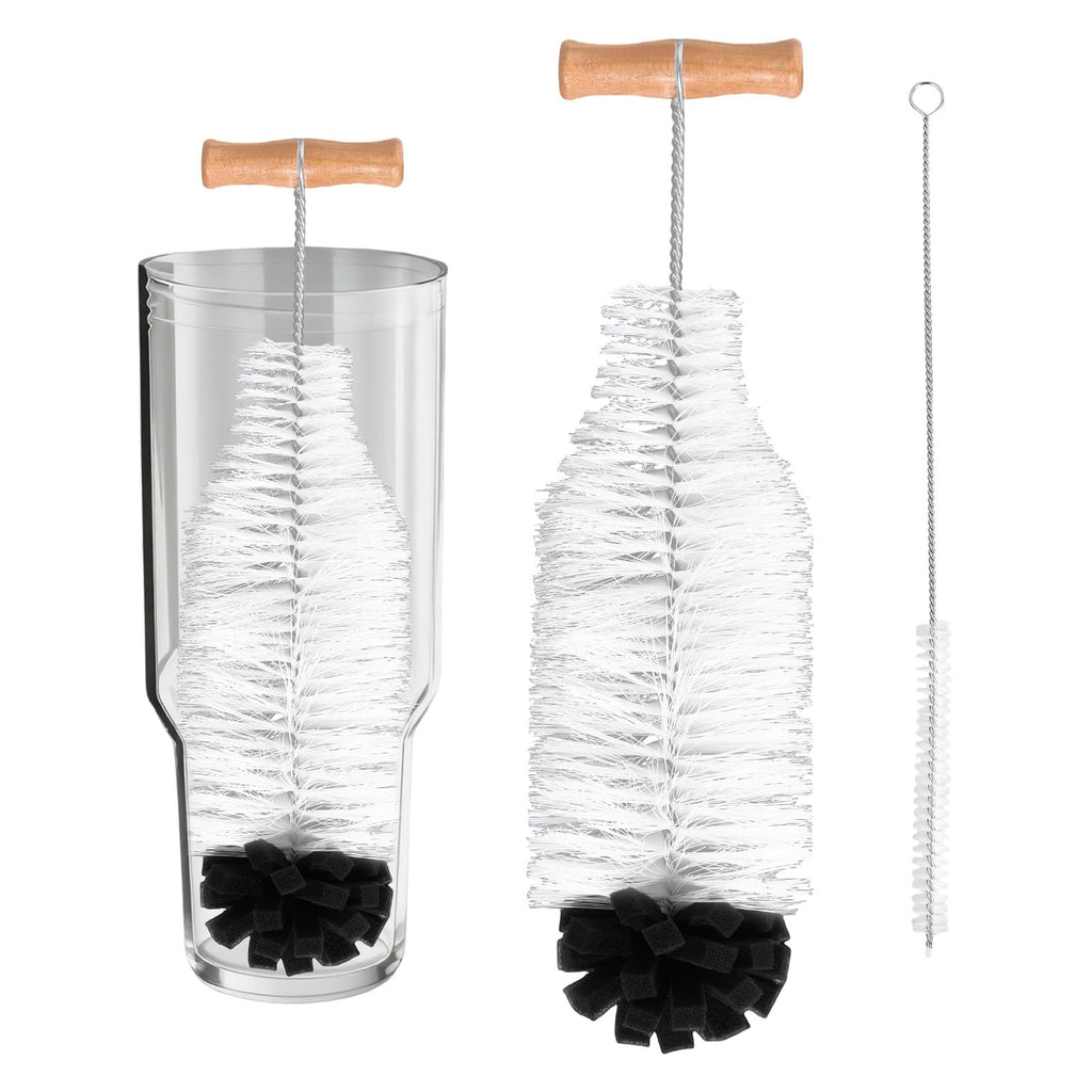 2pcs Water Bottle Cleaning Brush Set, Long Wooden Handle Brush with Straw Cleaner Water Bottle Cleaning Kit for Stanley Cup Tumblers Travel Mugs & Other Bottles
