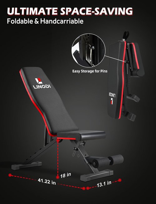 LINODI Adjustable Weight Bench for Home Gym，Foldable Incline Decline Flat Workout Bench for Full Body Strength Training, Dumbbell Press & Ab Exercises