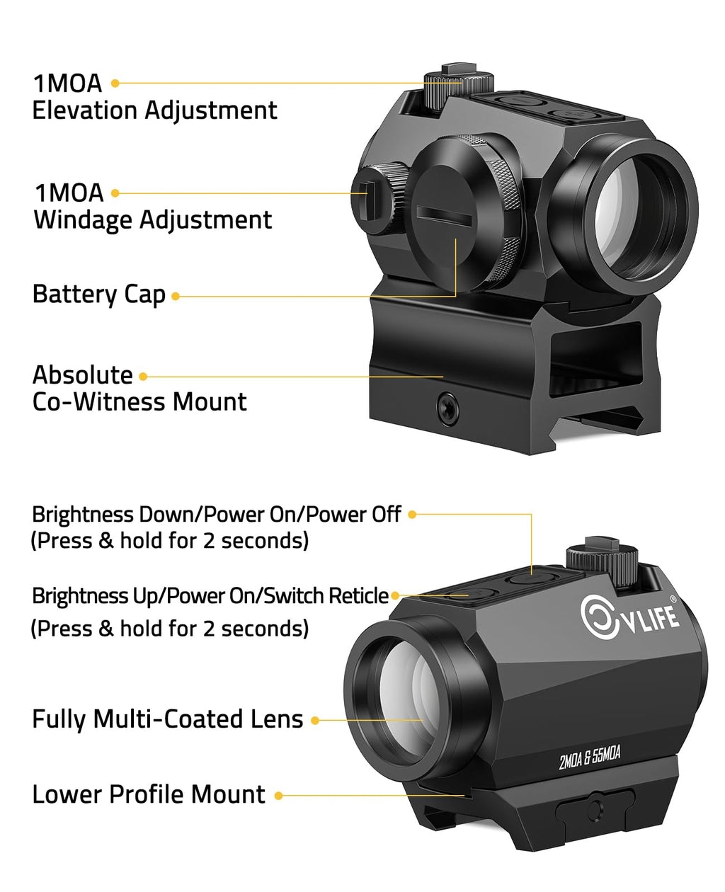 CVLIFE Multiple Reticle 2 MOA Green Dot & 55 MOA Circle, Motion Awake Green Dot Sight 50,000H Battery Life, 1x20mm Optics Scope Sight with Absolute Co-Witness Riser and Low Mount for 21mm Picatinny