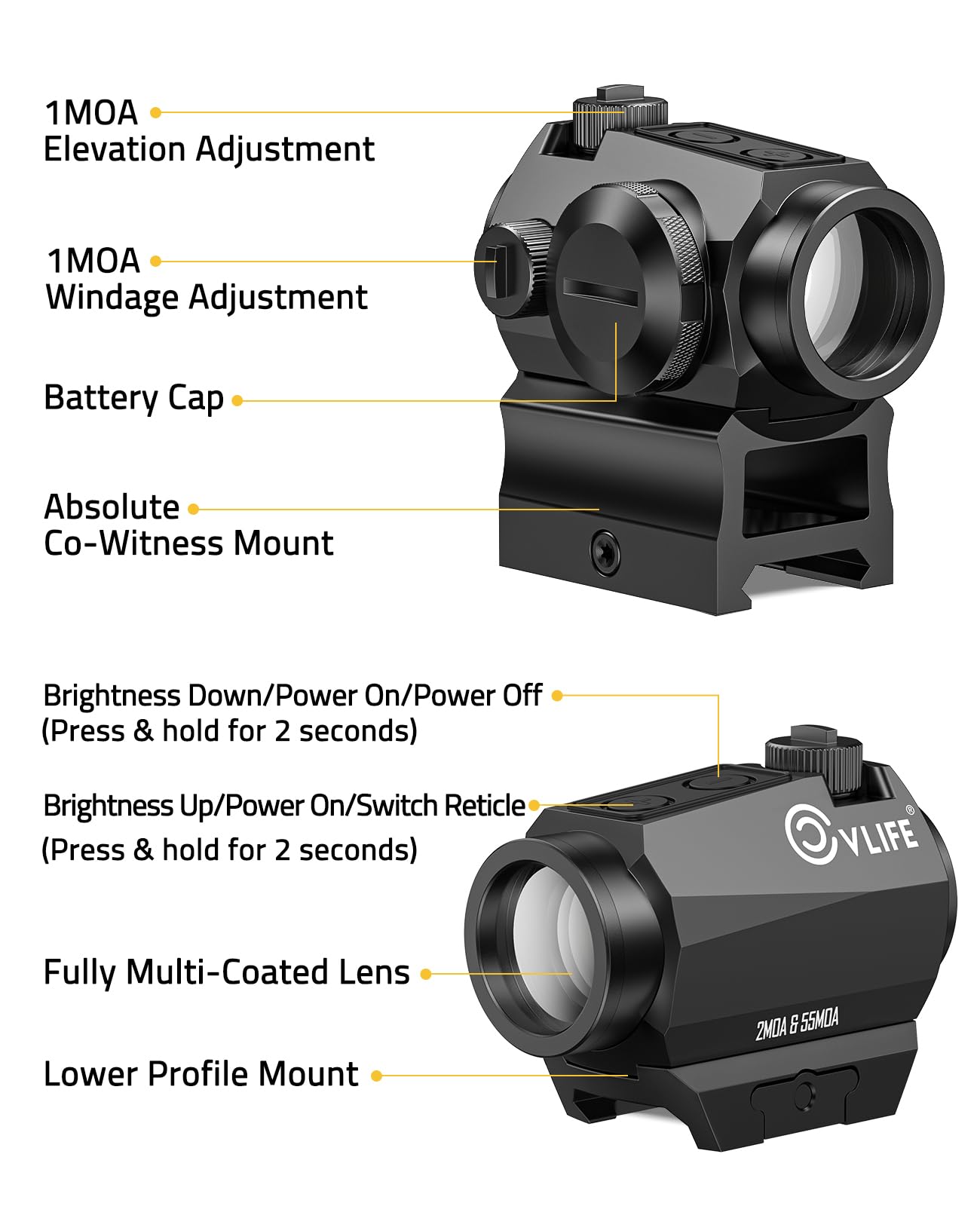 CVLIFE Multiple Reticle 2 MOA Green Dot & 55 MOA Circle, Motion Awake Green Dot Sight 50,000H Battery Life, 1x20mm Optics Scope Sight with Absolute Co-Witness Riser and Low Mount for 21mm Picatinny