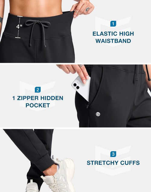 G Gradual Women's Fleece Lined Joggers with Zipper Pocket Water Resistant Running Hiking Pants Winter Warm Thermal Sweatpants Black M