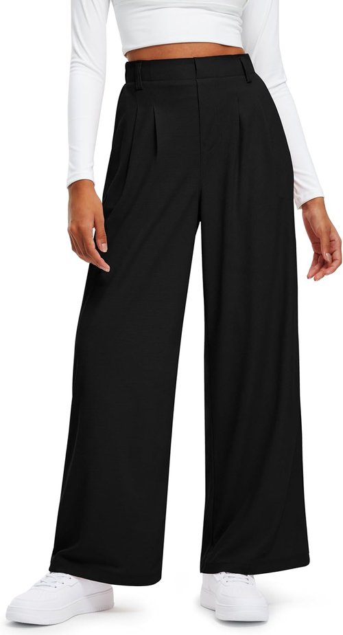 Libin Women's Wide Leg Pants - High Waisted Waffle Knit Casual Slacks with Pockets | 27"/29" Sizes