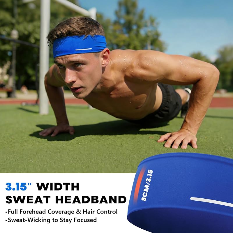 Sukeen 2-Pack Lightweight Mens Headband - Black/Blue, 8cm Sweat-Wicking, Anti-Slip