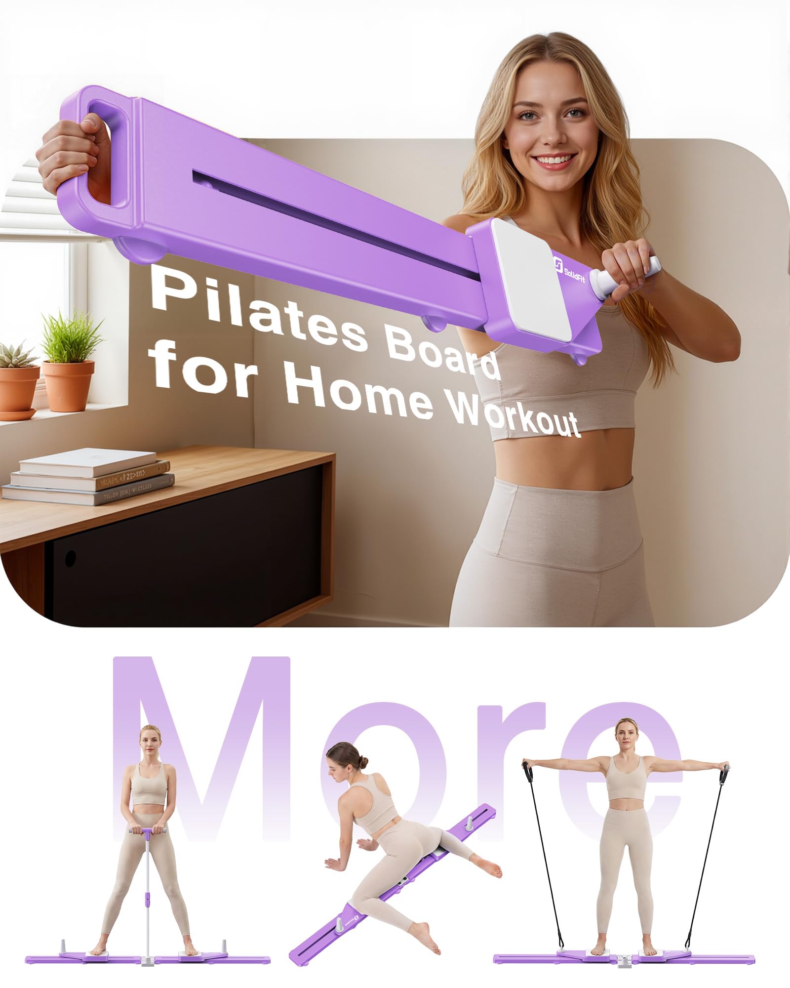 SolidFit 6-in-1 Pliates Board with Handrail & Resistance Bands - 2026 Upgrade Multifunctional Pilates Slider Board Anti-Slip Silent Portable Pilates Reformer for Home Full Body Workout Purple