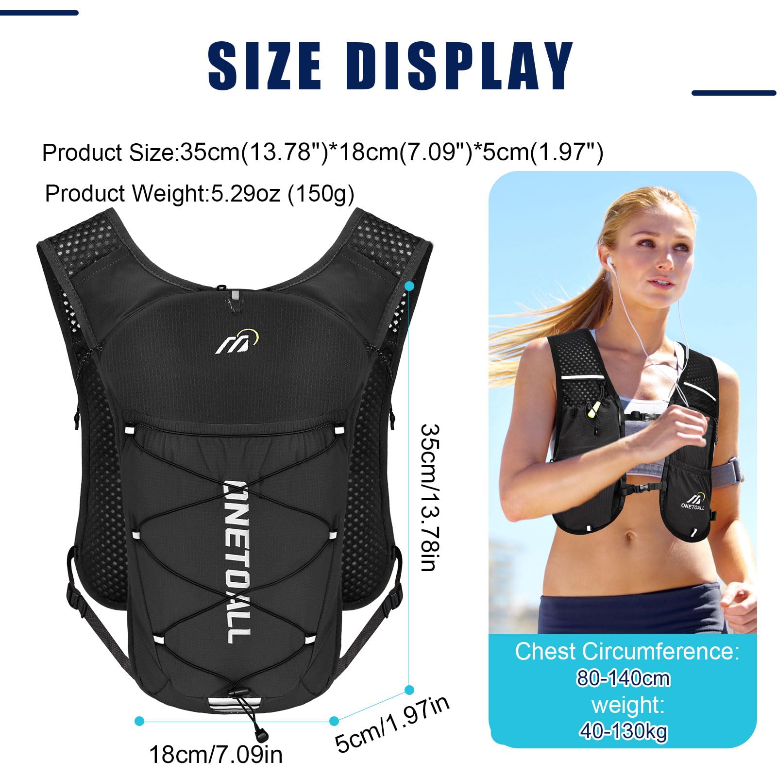 ONETOALL Running Vest for Women & Men,6L Hydration Backpack with 2L Water Bladder,Lightweight Water Backpack for Trail Running, Marathon, Hiking, Cycling, Jogging, Adjustable Fit Black