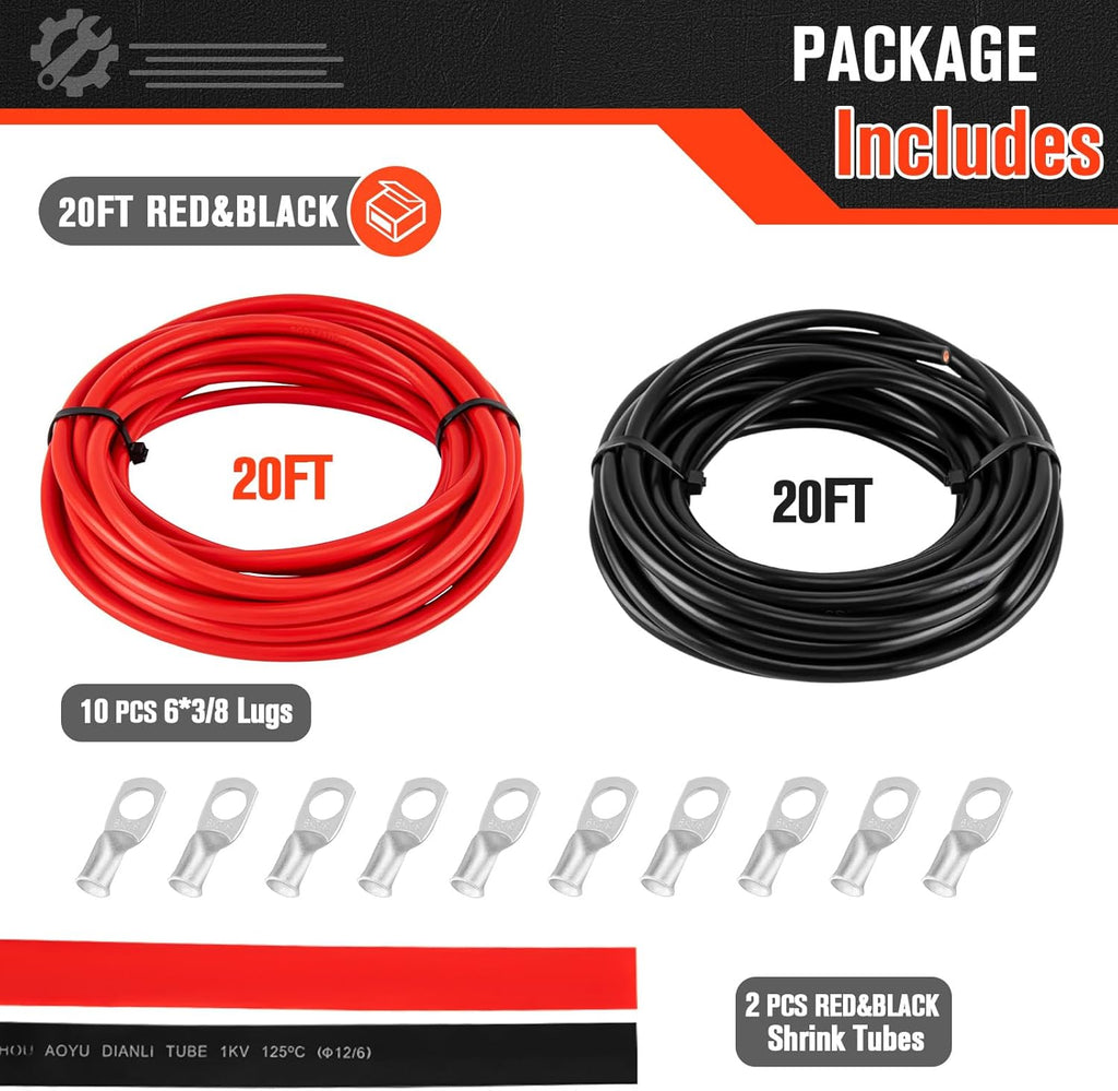 6 Gauge Battery Cable - 20 FT Black & Red Copper Wire with Connectors & Heat Shrink Tube