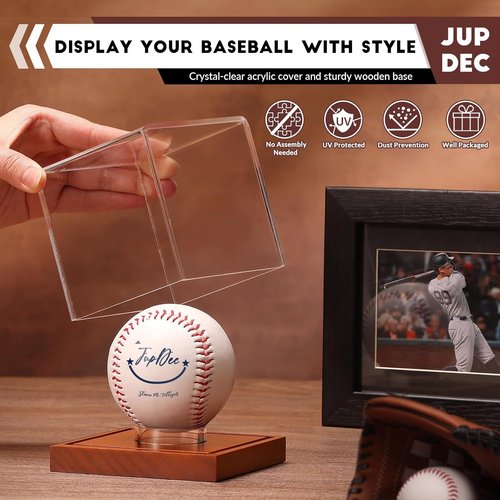 JupDec Baseball Display Case - Clear Cube Holder with Wooden Base for Autographed Balls | Acacia Wood, Brown