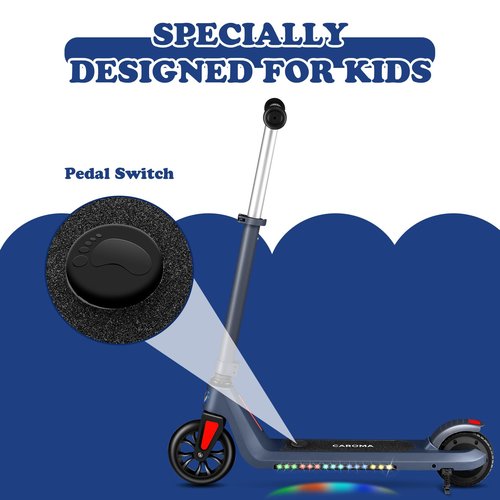 Caroma Electric Scooter for Kids Ages 6-12, 120W Motor,10 MPH Max Speed & 7 Miles,Adjustable Height & Speed,Colorful Lights,LED Display,Foldable Kids Electric Scooter 132 Lbs Max Load，Blue