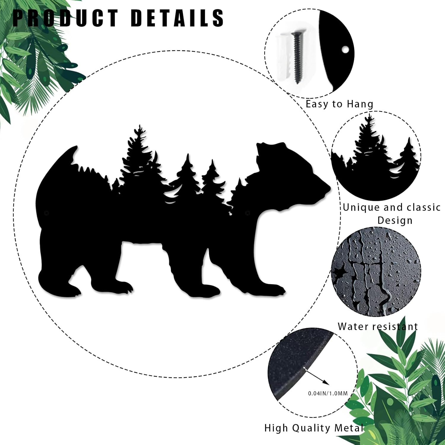Resama Metal Wall Art - Rustic Pine Tree & Bear Decor for Living Room | Indoor/Outdoor Wilderness Design (Black)