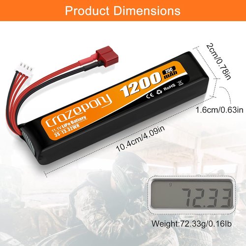 Crazepony 11.1V 1200mAh Airsoft Battery - Rechargeable 3S LiPo 25C with T-Plug & JST XH Connector