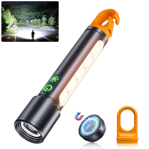 ADDplus Magnetic Flashlight Rechargeable,5000mAh Flashlights High Lumens with 9 Modes,Waterproof, Adjustable,Powerful Flash Light,Emergency Multi-Flashlights for Home,Car,Hiking,Camping (1, Black)