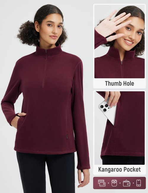 baleaf Women's Thermal Quarter Zip Pullover Polar Fleece Long Sleeve Hiking Running Warm Tops Cold Weather Gear with Kangaroo Pocket Wine Red XS