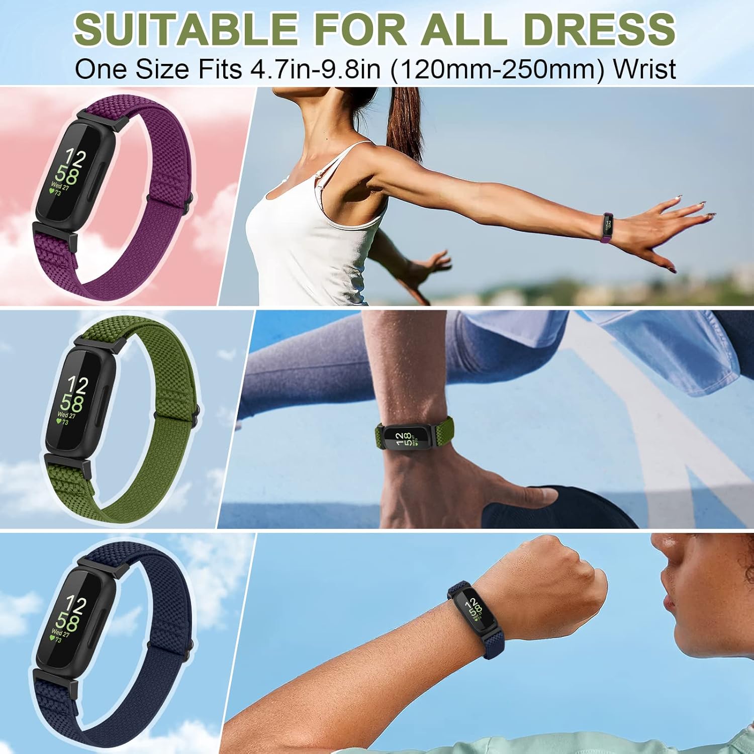Vodtian 4-Pack Elastic Nylon Loop Bands for Fitbit Inspire 3 | Adjustable Sport Straps for Men & Women