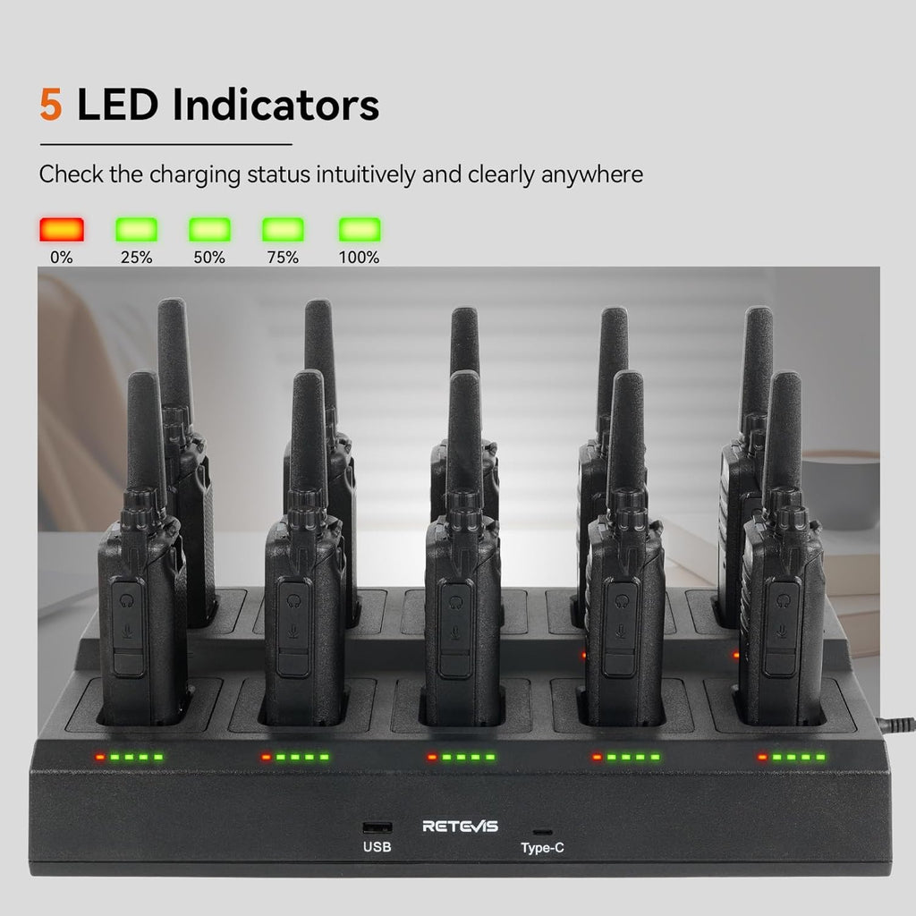 Retevis RT68 Long Range Walkie Talkies - 10 Pack with Multi-Way Charger & 1200mAh Battery