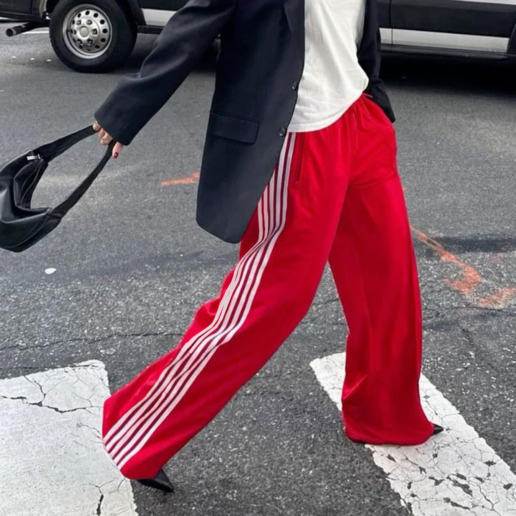 Women Side Striped Track Pants Y2k Drawstring Waist Wide Leg Cargo Sweatpants Casual Loose Jogger Lounge Pants(Basic Red,Large)