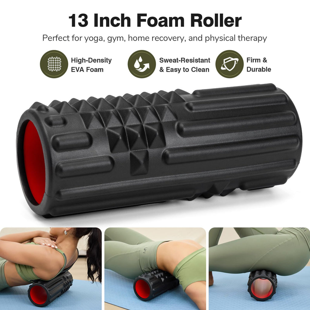 LTHTRADE 5 in 1 Foam Roller Set - Foam Roller for Legs, Muscle Roller Stick, Massage Ball, Resistance Band for Physical Therapy & Deep Tissue Muscle Massage (Black)