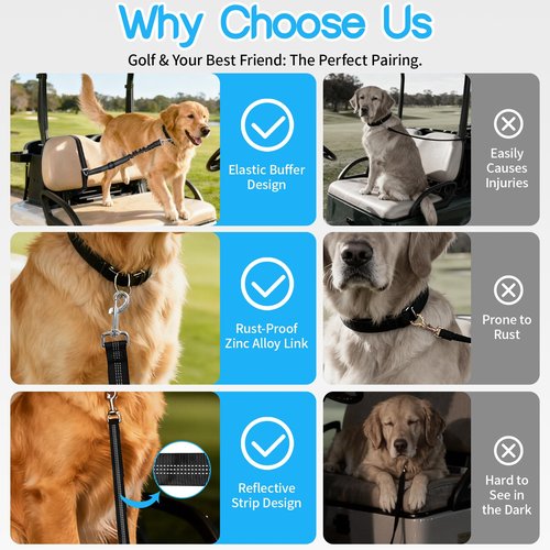 Golf Cart Dog Seat Leash & Safety Harness | Adjustable Pet Seat Belt with Tangle-Free Retractable Strap, Fits All Golf Cart Models (for Single Dog)