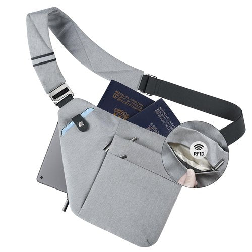 VADOO Anti-theft Sling Bag, RFID Blocking Crossbody Bag for Women and Men Lightweight Shoulder Chest Bag for Travel Sport, Grey 2.0, Large