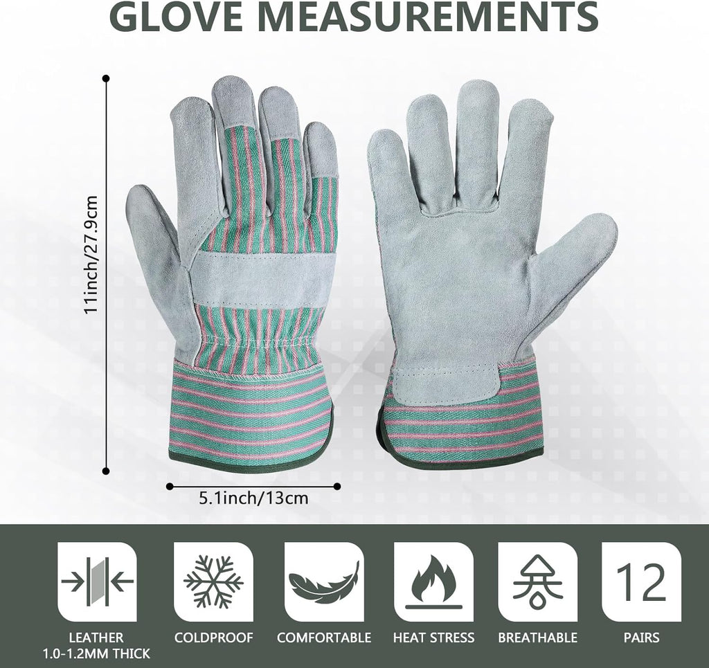 Skiennix Heavy Duty Leather Work Gloves - 12 Pairs, Durable Cowhide, Safety Cuff, 11 x 5.1 Inch