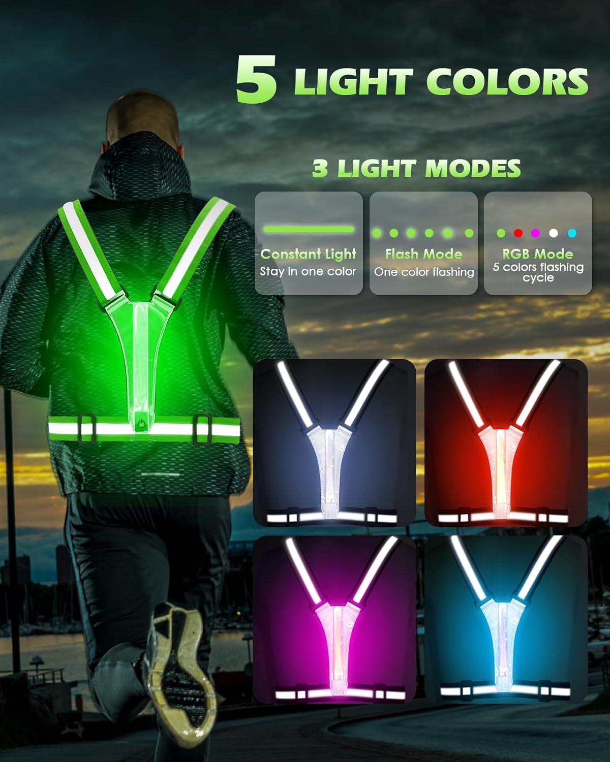 Zacro LED Reflective Vest - High Visibility Running Gear with 500LM Chest Light | Safety & Comfort