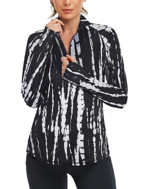 Hiking Shirts Women,Cucuchy Long Sleeve Pullover Tops Quarter Zip Workout Shirts UPF 50+ SPF Shirt 1/4 Zip Pullover Athletic Running Yoga Golf Tops Black Tie Dye XL