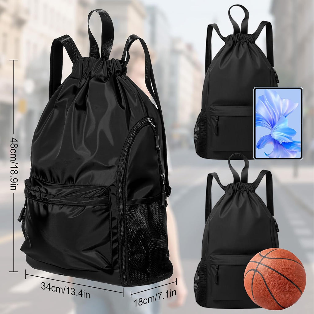 Skiennix Black Basketball Drawstring Backpack - Extra-Large Waterproof Gym Bag with Mesh Pocket for Men & Women
