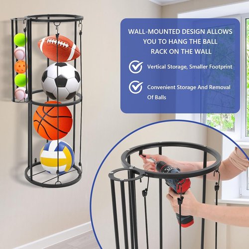 Garage Ball Storage Rack - Vertical Wall Mount for Basketball, Soccer & Volleyball | Space-Saving Organizer in Black