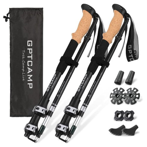 GPTCAMP Walking Sticks,Trekking Poles Collapsible Hiking Poles,Lightweight Folding Travel Walking Pole for Men Women,2pc Adjustable Hiking Stick with EVA Foam Grips for Backpacking,Black
