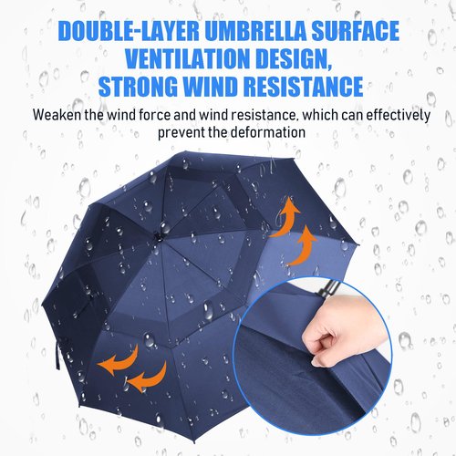 Jexine 10 Pcs Large Automatic Open Golf Umbrella 62 Inch Double Canopy Rain Umbrella Windproof Waterproof Heavy Duty for Men Women Family Travel Sports (Dark Blue)