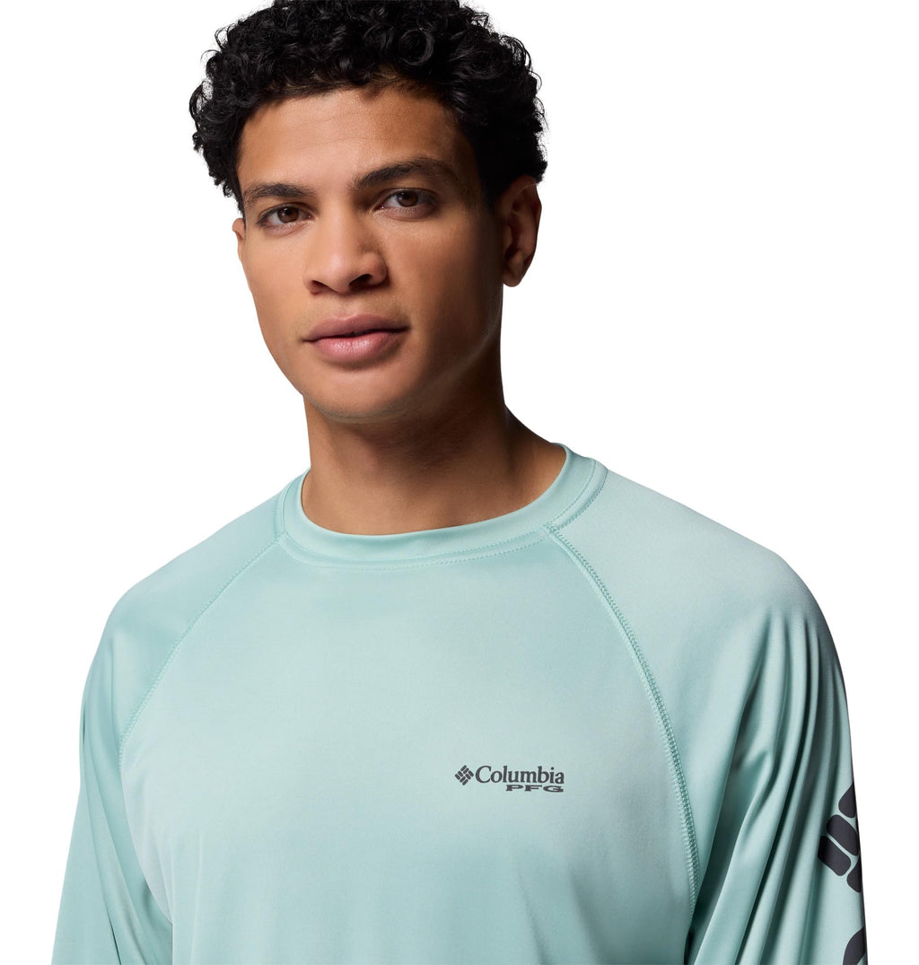 Columbia Men's PFG Terminal Tackle Long Sleeve Fishing Shirt, Misty Jade/Shark Logo, 3X
