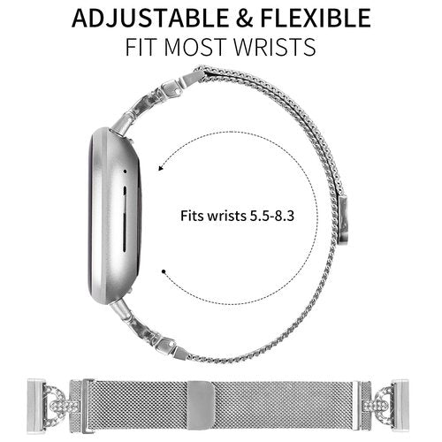 Feigand Metal Magnetic Band Compatible with Fitbit Versa 4/Sense 2/Versa 3/Sense, Stainless Steel Dressy Mesh Loop with D-Shape Diamond for Women (Silver)