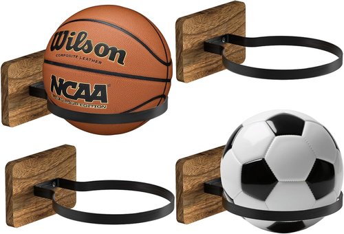 Basketball Holder Wall Mount - Wooden Base, 4-Piece Sports Ball Storage Rack for Football, Soccer & Rugby