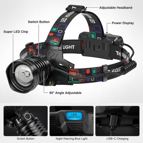 azamine Rechargeable Headlamp Super Bright 99000 Lumens, 2Pack LED Head Lamp with 3 Modes, 90° Adjustable Head Lights for Forehead, IPX6 Waterproof HeadLamps for Adults Camping Hunting Hiking